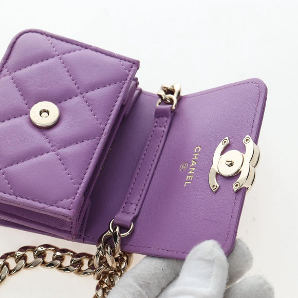 CHANEL Matelasse Chain Shoulder Pouch Lamb Skin Purple Gold CC Auth 195109M