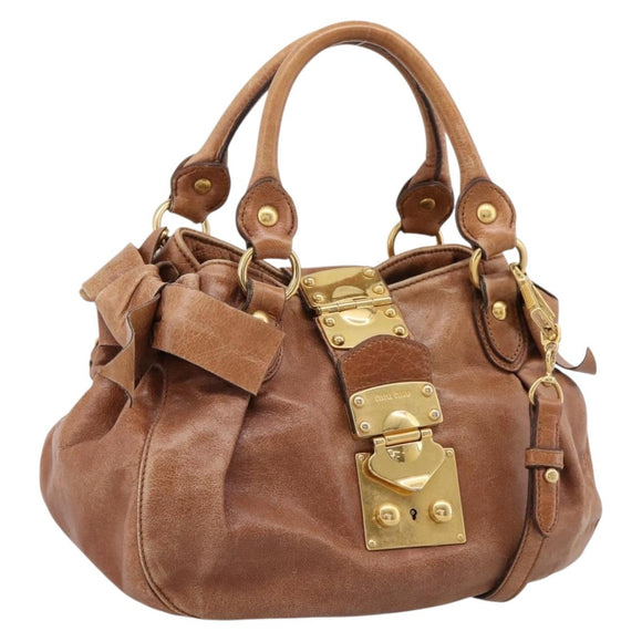 Miu Miu Ribbon Hand Bag Leather 2way Brown Gold Auth 195137V