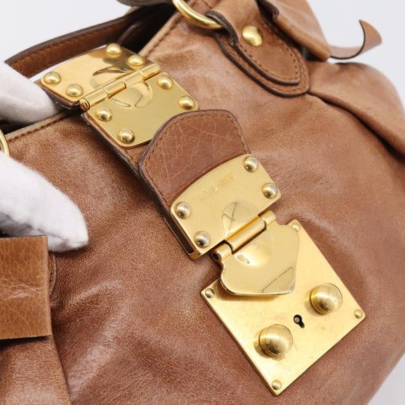 Miu Miu Ribbon Hand Bag Leather 2way Brown Gold Auth 195137V