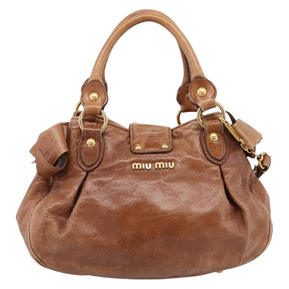 Miu Miu Ribbon Hand Bag Leather 2way Brown Gold Auth 195137V