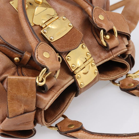 Miu Miu Ribbon Hand Bag Leather 2way Brown Gold Auth 195137V