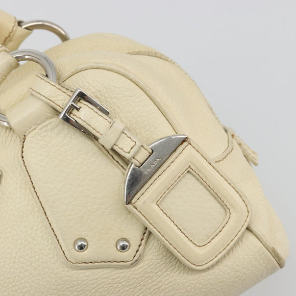 PRADA Hand Bag Leather Ivory Silver Auth 195183