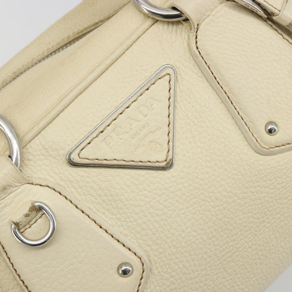 PRADA Hand Bag Leather Ivory Silver Auth 195183