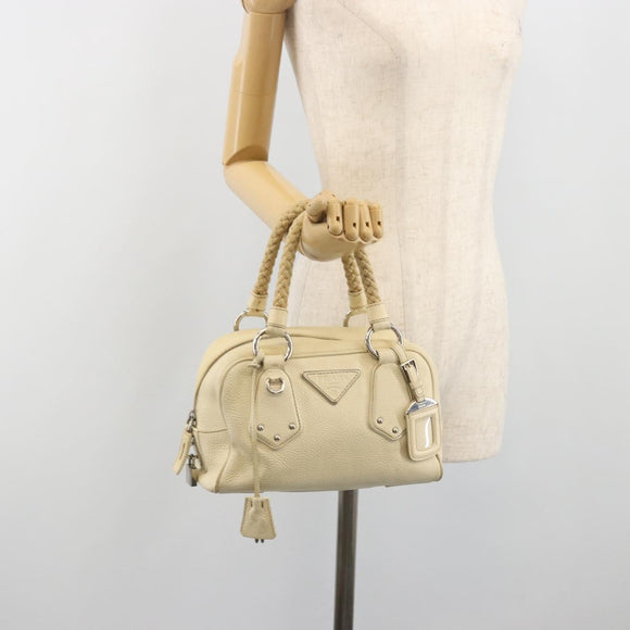 PRADA Hand Bag Leather Ivory Silver Auth 195183