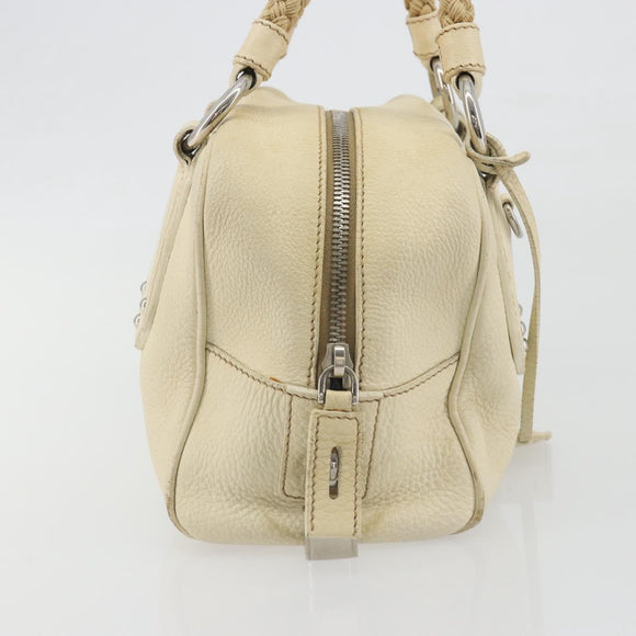 PRADA Hand Bag Leather Ivory Silver Auth 195183
