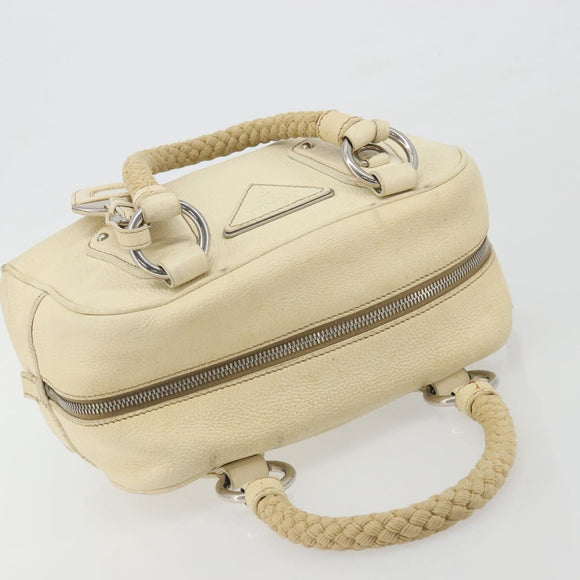 PRADA Hand Bag Leather Ivory Silver Auth 195183
