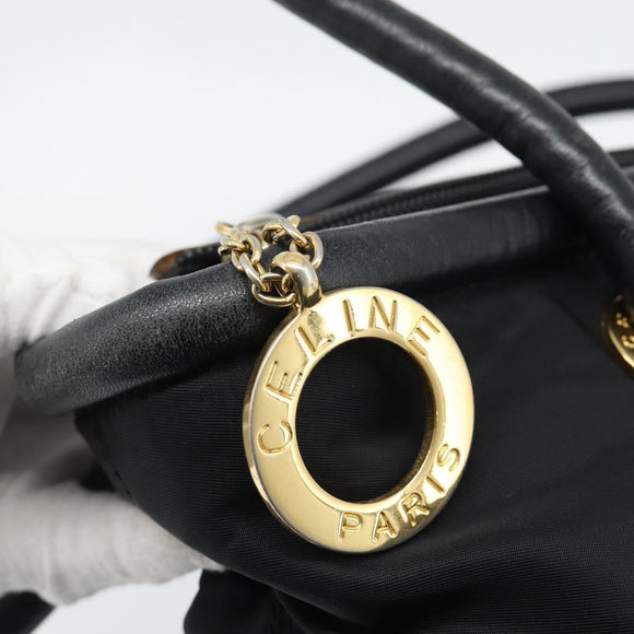 CELINE Hand Bag Nylon Black Gold Auth 195193