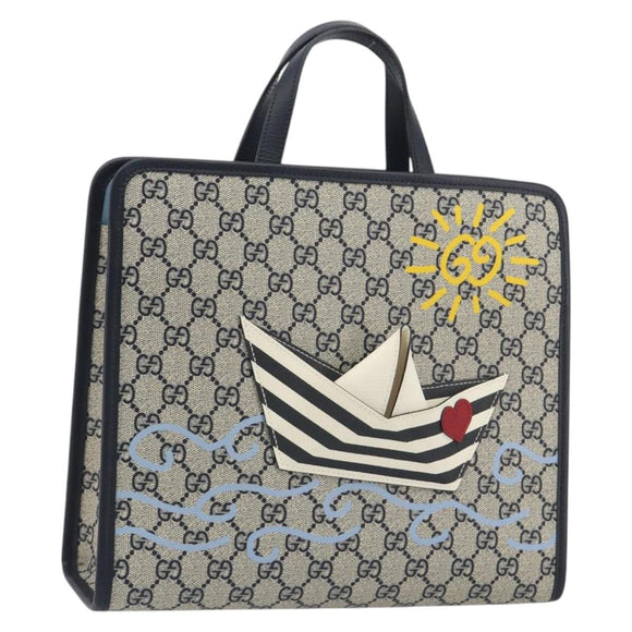 GUCCI GG Supreme Hand Bag PVC Navy Gold Auth 195213M