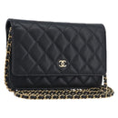 CHANEL Chain Wallet Matelasse Bag Caviar Skin Black Gold CC Auth 195222V-1