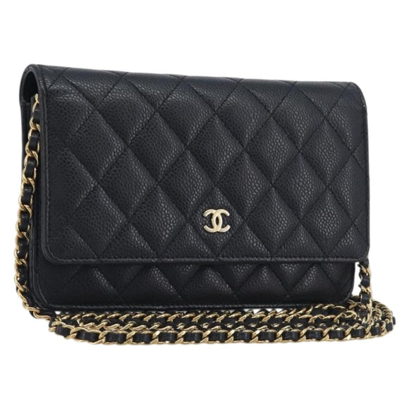 CHANEL Chain Wallet Matelasse Bag Caviar Skin Black Gold CC Auth 195222V