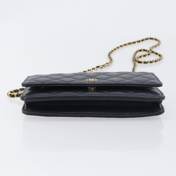 CHANEL Chain Wallet Matelasse Bag Caviar Skin Black Gold CC Auth 195222V