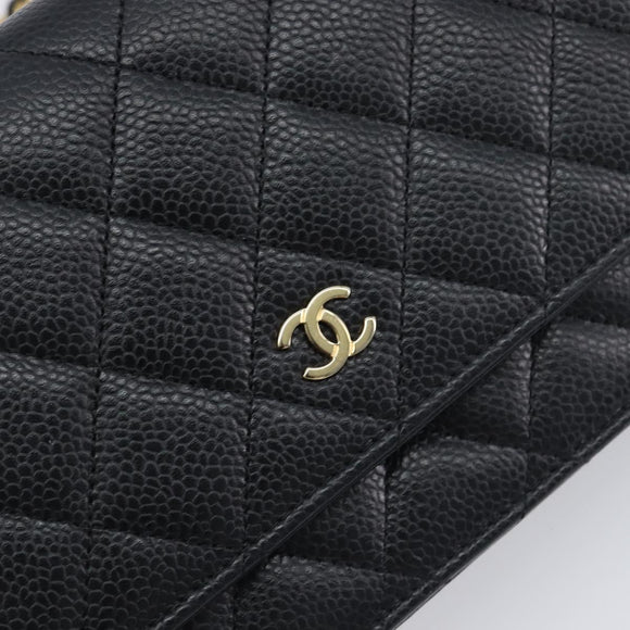 CHANEL Chain Wallet Matelasse Bag Caviar Skin Black Gold CC Auth 195222V