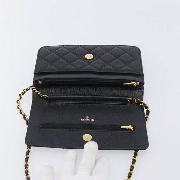 CHANEL Chain Wallet Matelasse Bag Caviar Skin Black Gold CC Auth 195222V
