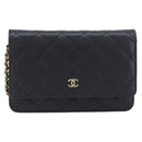 CHANEL Chain Wallet Matelasse Bag Caviar Skin Black Gold CC Auth 195222V-13