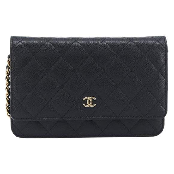 CHANEL Chain Wallet Matelasse Bag Caviar Skin Black Gold CC Auth 195222V