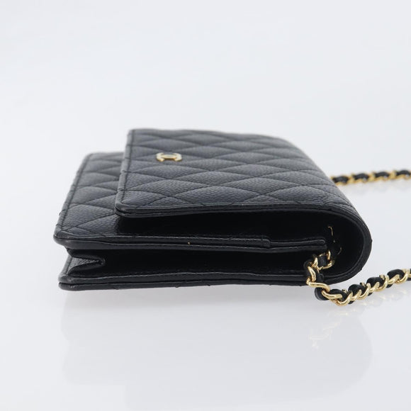 CHANEL Chain Wallet Matelasse Bag Caviar Skin Black Gold CC Auth 195222V