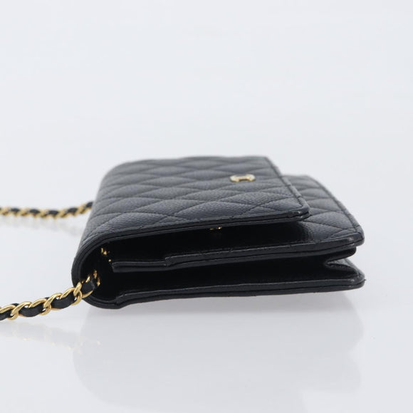 CHANEL Chain Wallet Matelasse Bag Caviar Skin Black Gold CC Auth 195222V