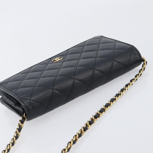 CHANEL Chain Wallet Matelasse Bag Caviar Skin Black Gold CC Auth 195222V