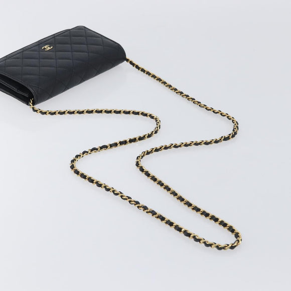 CHANEL Chain Wallet Matelasse Bag Caviar Skin Black Gold CC Auth 195222V