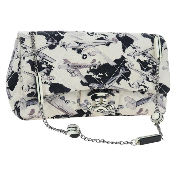 CHANEL Matelasse 25 Airline Shoulder Bag Canvas White Silver CC Auth 195237SAM