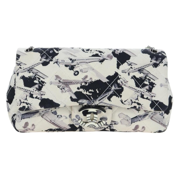 CHANEL Matelasse 25 Airline Shoulder Bag Canvas White Silver CC Auth 195237SAM