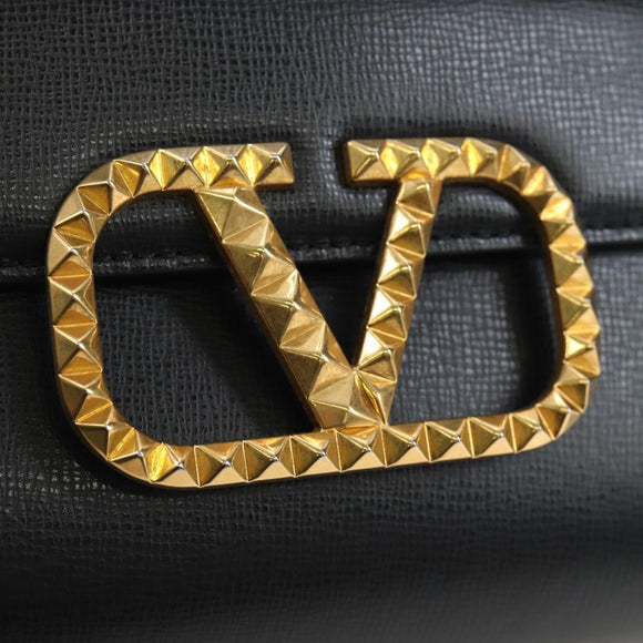 VALENTINO Rock Studs Hand Bag Leather 2way Black Gold Auth 195239M