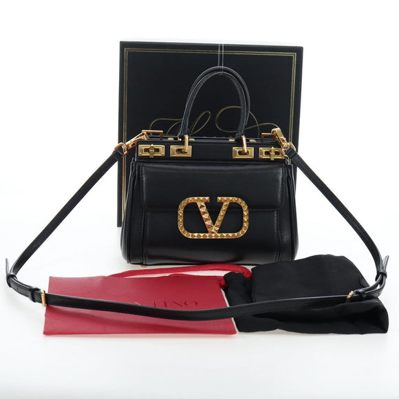VALENTINO Rock Studs Hand Bag Leather 2way Black Gold Auth 195239M