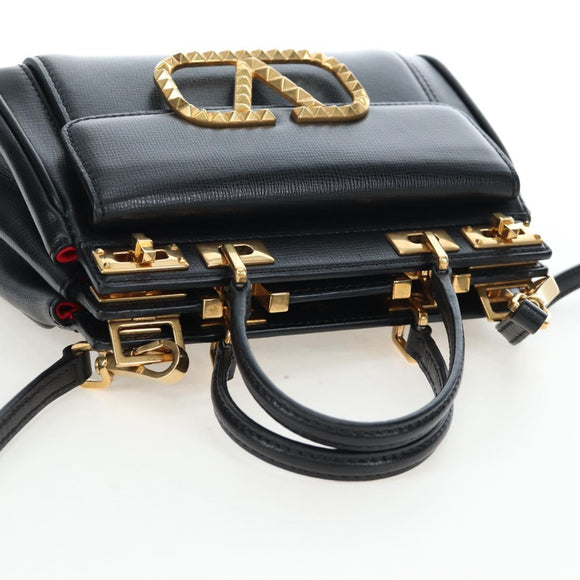 VALENTINO Rock Studs Hand Bag Leather 2way Black Gold Auth 195239M