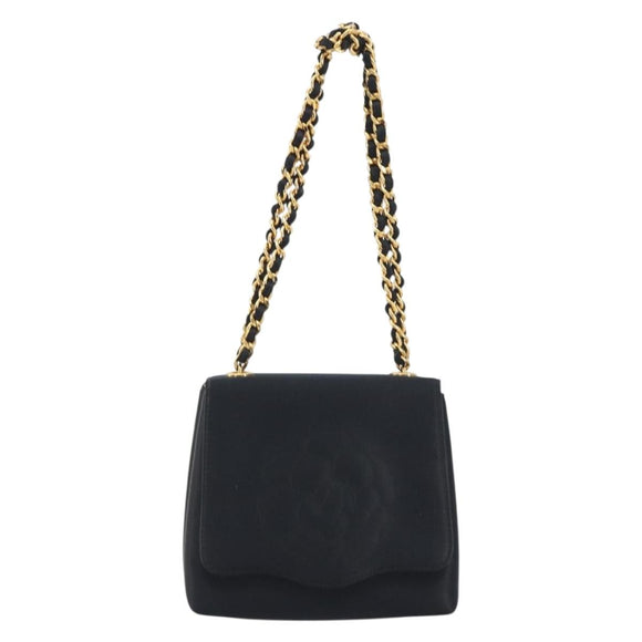 CHANEL Chain Shoulder Bag Satin Black Gold Tone CC Auth 195241V