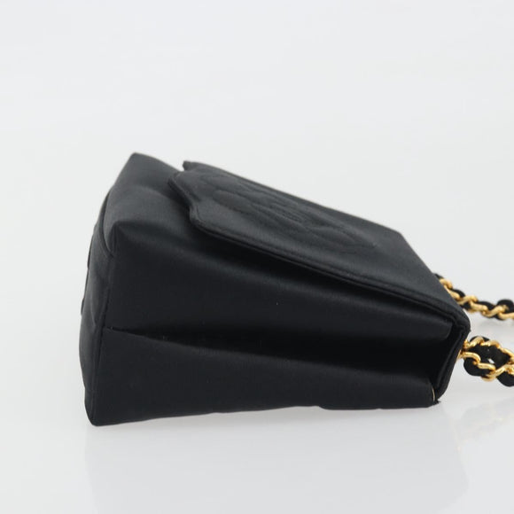 CHANEL Chain Shoulder Bag Satin Black Gold Tone CC Auth 195241V