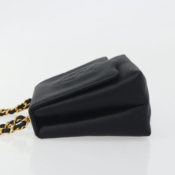 CHANEL Chain Shoulder Bag Satin Black Gold Tone CC Auth 195241V
