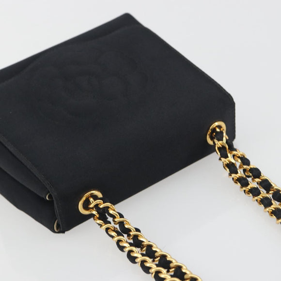 CHANEL Chain Shoulder Bag Satin Black Gold Tone CC Auth 195241V
