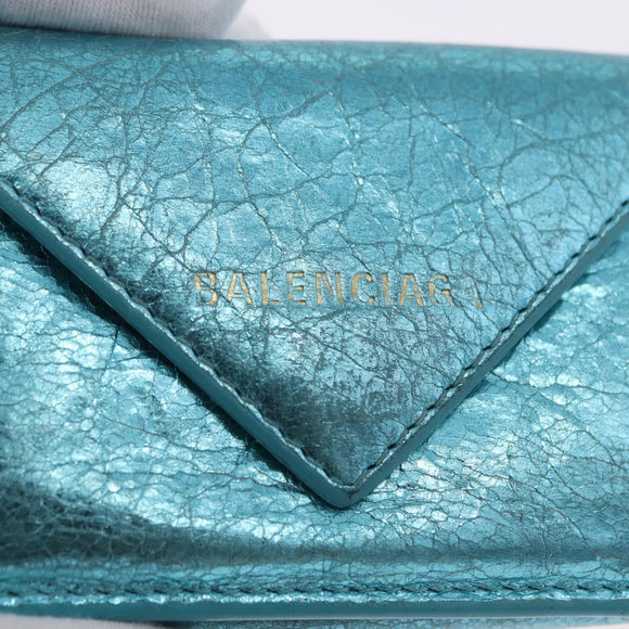 BALENCIAGA Paper Mini Wallet Leather Light Blue Silver 391446 Auth 195242A