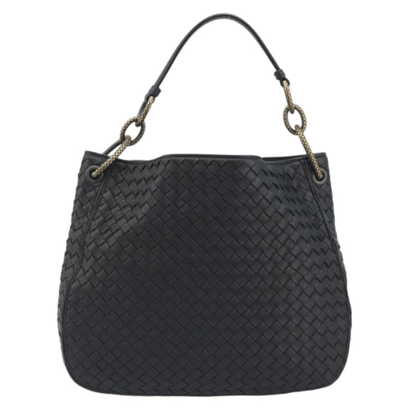 BOTTEGA VENETA INTRECCIATO Chain Shoulder Bag Leather Black Gold Auth 195244V