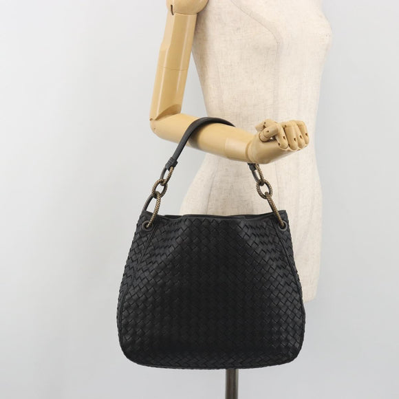 BOTTEGA VENETA INTRECCIATO Chain Shoulder Bag Leather Black Gold Auth 195244V