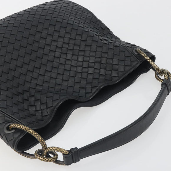 BOTTEGA VENETA INTRECCIATO Chain Shoulder Bag Leather Black Gold Auth 195244V