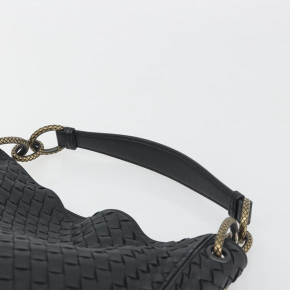 BOTTEGA VENETA INTRECCIATO Chain Shoulder Bag Leather Black Gold Auth 195244V