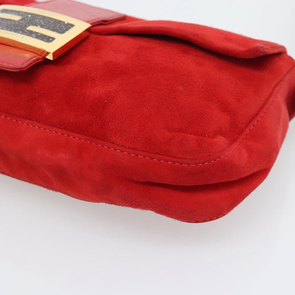 FENDI Mamma Baguette Shoulder Bag Suede Red Gold Auth 195245SM