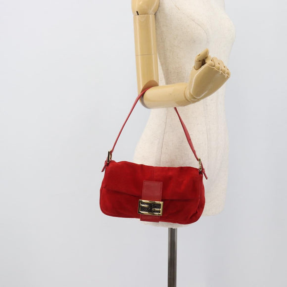 FENDI Mamma Baguette Shoulder Bag Suede Red Gold Auth 195245SM