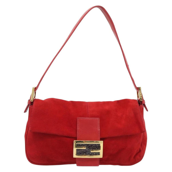 FENDI Mamma Baguette Shoulder Bag Suede Red Gold Auth 195245SM
