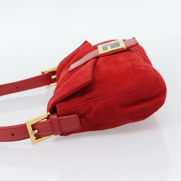 FENDI Mamma Baguette Shoulder Bag Suede Red Gold Auth 195245SM