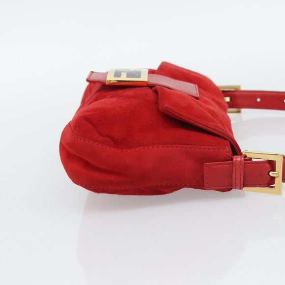 FENDI Mamma Baguette Shoulder Bag Suede Red Gold Auth 195245SM