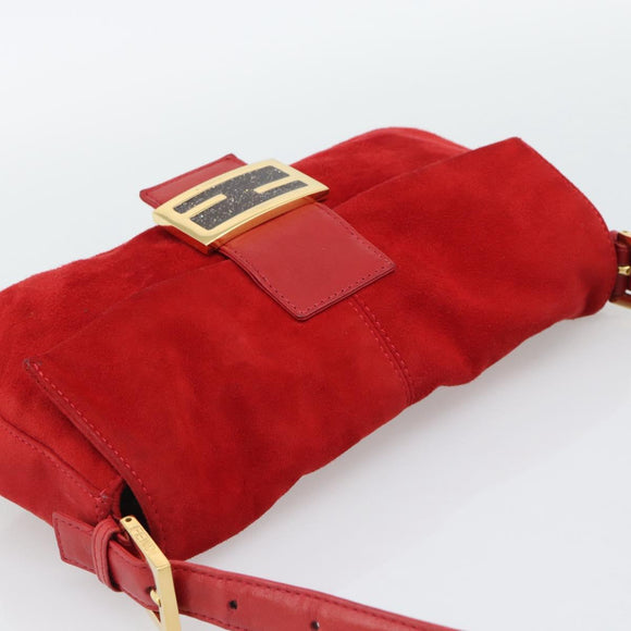 FENDI Mamma Baguette Shoulder Bag Suede Red Gold Auth 195245SM