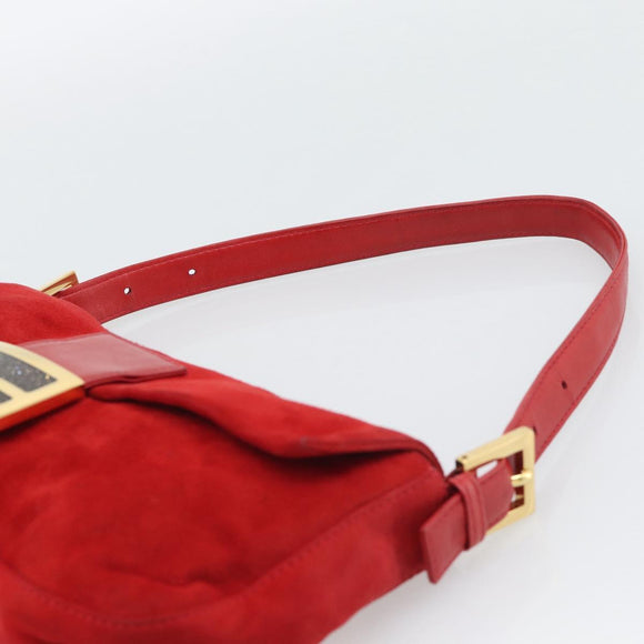 FENDI Mamma Baguette Shoulder Bag Suede Red Gold Auth 195245SM