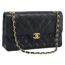CHANEL Chain Matelasse 25 Shoulder Bag Lamb Skin Black Gold CC Auth 195247V-1