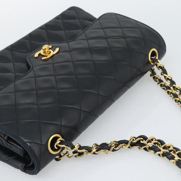 CHANEL Chain Matelasse 25 Shoulder Bag Lamb Skin Black Gold CC Auth 195247V