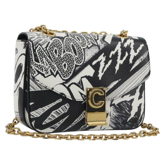 CELINE Christian Marclay Chain Shoulder Bag Leather White Gold Tone Auth 195249M