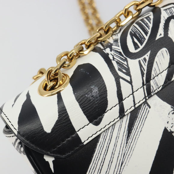 CELINE Christian Marclay Chain Shoulder Bag Leather White Gold Tone Auth 195249M