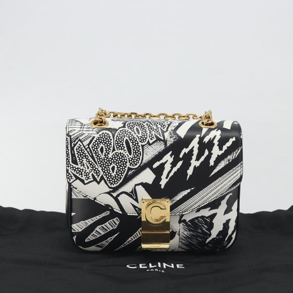 CELINE Christian Marclay Chain Shoulder Bag Leather White Gold Tone Auth 195249M