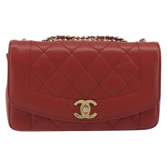 CHANEL Matelasse Chain Shoulder Bag Lamb Skin Red Gold Tone CC Auth 195253SM